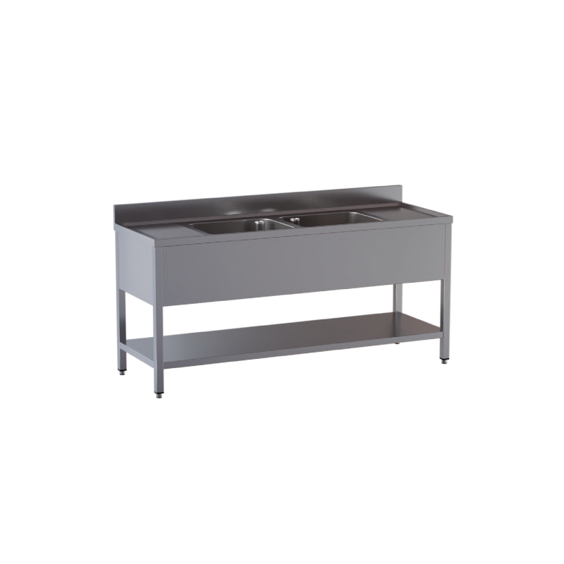 lavello acciaio inox aperto con sottopiano 2 vasche 2 gocciolatoi misure cm. 220X60X85
