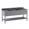 lavello acciaio inox aperto con sottopiano 2 vasche 2 gocciolatoi misure cm. 220X60X85