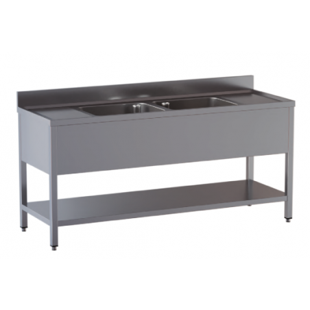 lavello acciaio inox aperto con sottopiano 2 vasche 2 gocciolatoi misure cm. 220X70X85