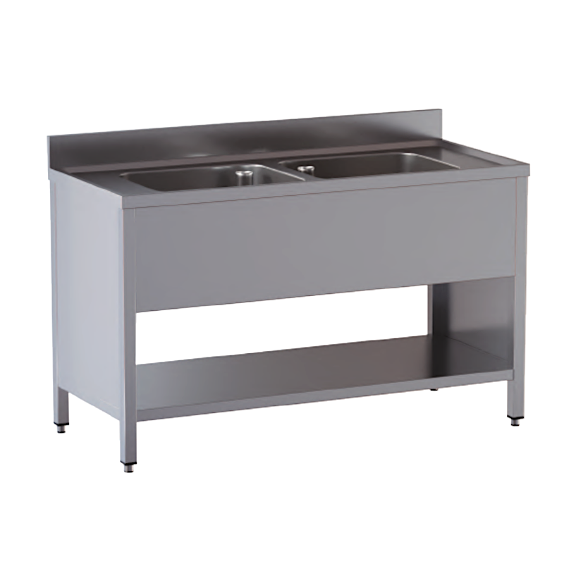 lavello acciaio inox aperto su fianchi e sottopiano 2 vasche  misure cm. 180X60X85
