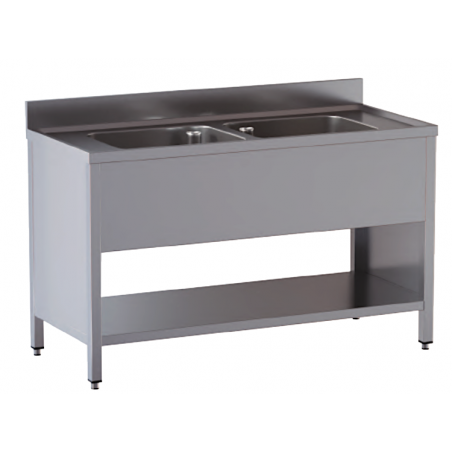 lavello acciaio inox aperto su fianchi e sottopiano 2 vasche misure cm. 140x70x85