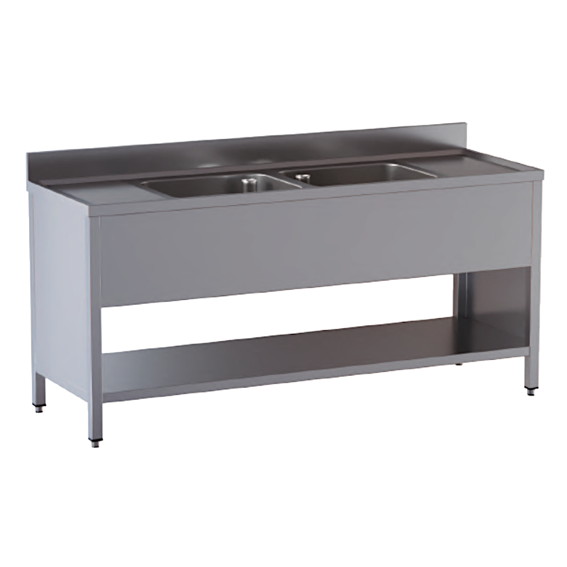 lavello acciaio inox aperto su fianchi e sottopiano 2 vasche 2 gocciolatoi misure cm. 180X60X85