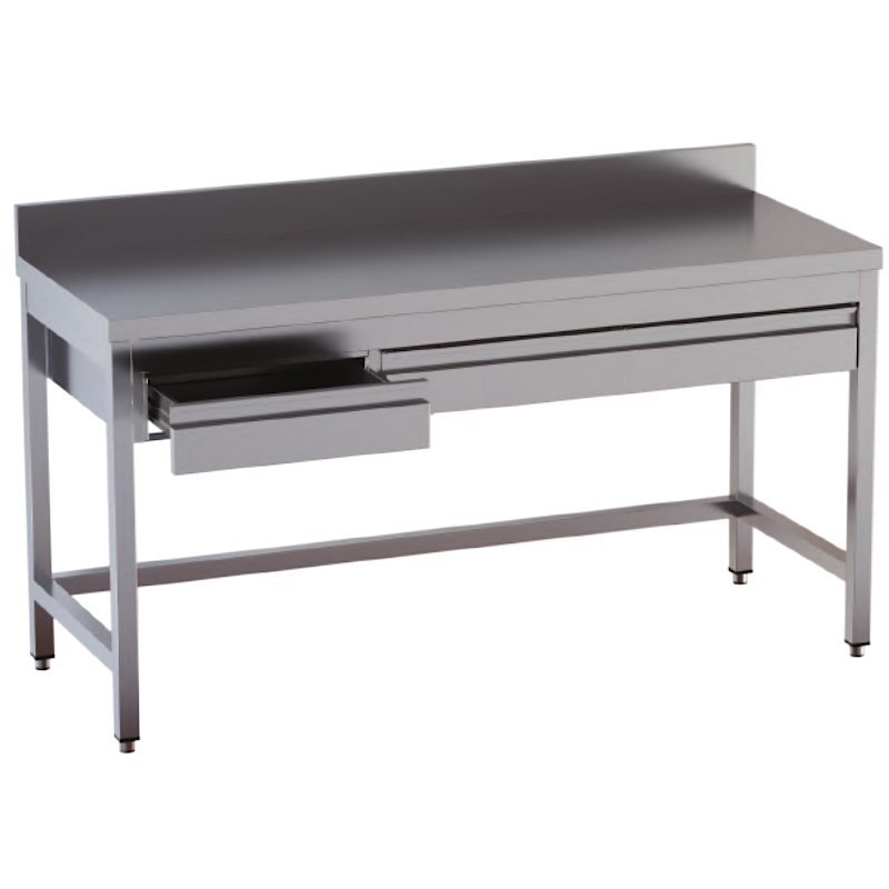 tavolo acciaio inox aperto con cornice inferiore con cassetti orizzontali e alzatina misure cm. 180X70X85 tavolo acciaio inox aperto con cornice inferiore con cassetti orizzontali e alzatina misure cm. 180X70X85