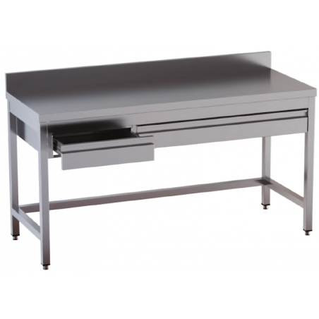 tavolo acciaio inox aperto con cornice inferiore con cassetti orizzontali e alzatina misure cm. 200X60X85