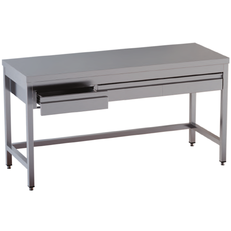 tavolo acciaio inox aperto con cornice inferiore e con cassetti orizzontali misure cm. 100x60x85 tavolo acciaio inox aperto con cornice inferiore e con cassetti orizzontali misure cm. 100x60x85