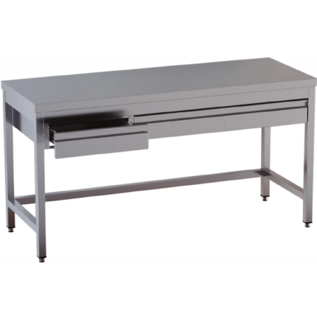 tavolo acciaio inox aperto con cornice inferiore e con cassetti orizzontali misure cm. 120x60x85