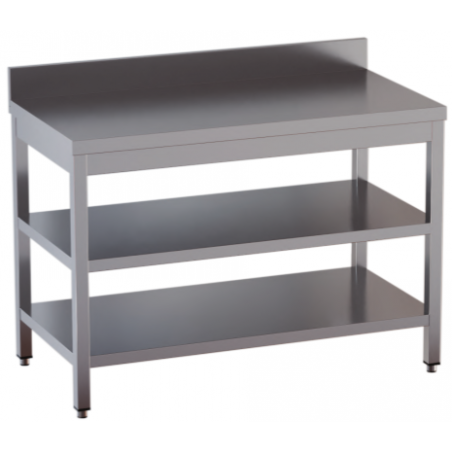 tavolo acciaio inox aperto con n. 2 ripiani e alzatina misure cm. 180X60X85