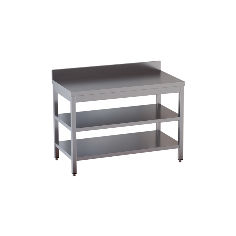tavolo acciaio inox aperto con n. 2 ripiani e alzatina 40X60X85
