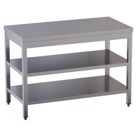tavolo acciaio inox aperto con n.2 ripiani misure cm. 60x70x85