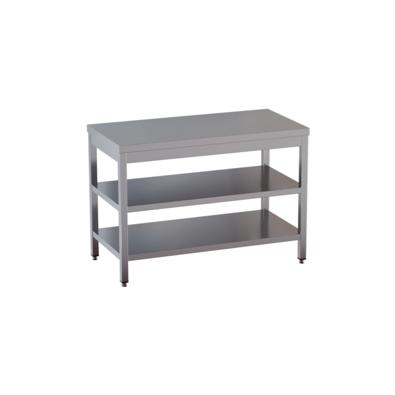 tavolo acciaio inox aperto con n.2 ripiani misure cm. 80x70x85