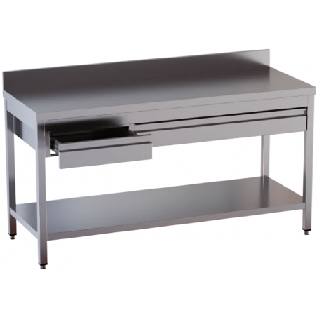 tavolo acciaio inox aperto con sottopiano cassetti orizzontali e alzatina misure cm. 140x60x85