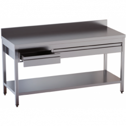 tavolo acciaio inox aperto con sottopiano cassetti orizzontali e alzatina misure cm. 200X60X85