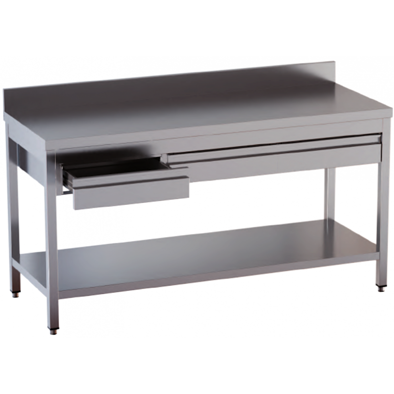 tavolo acciaio inox aperto con sottopiano cassetti orizzontali e alzatina misure cm. 200X60X85