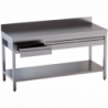 tavolo acciaio inox aperto con sottopiano cassetti orizzontali e alzatina misure cm. 200X60X85