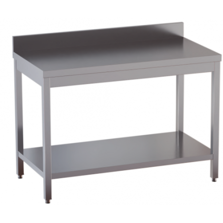 tavolo acciaio inox aperto con sottopiano e alzatina misure cm. 140x70x85