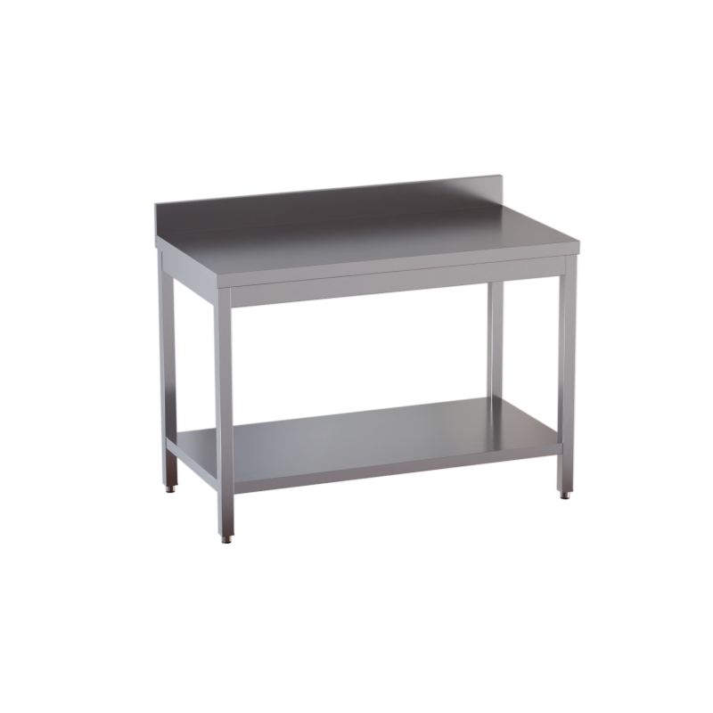 tavolo acciaio inox aperto con sottopiano e alzatina misure cm. 70x60x85