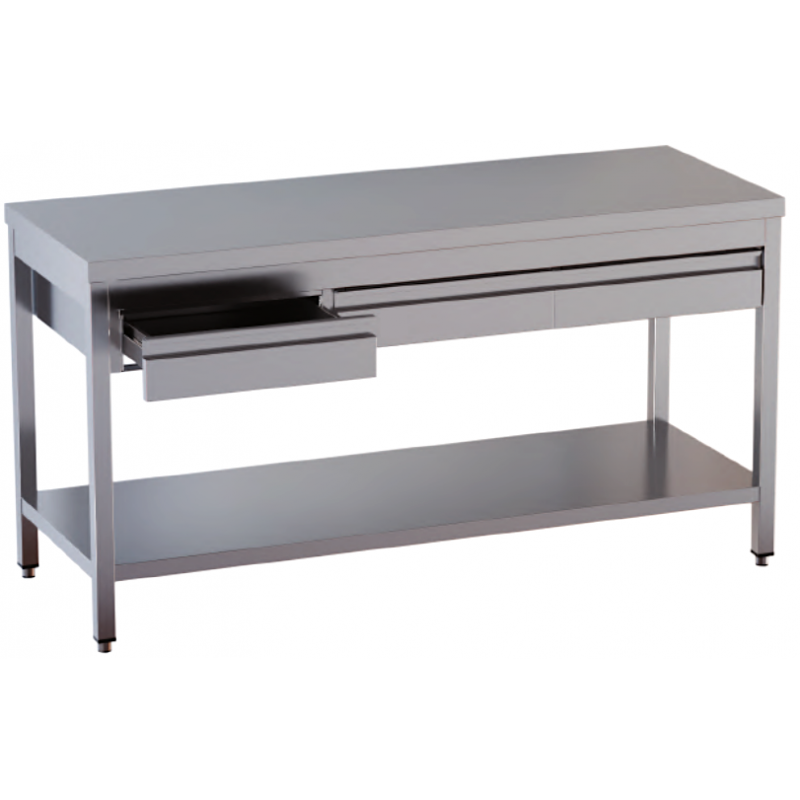 tavolo acciaio inox aperto con sottopiano e cassetti orizzontali misure cm. 100x70x85