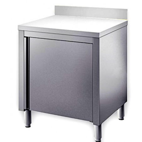 tavolo acciaio inox armadiato con porte battenti e alzatina misure cm. 80x60x85