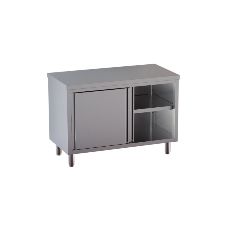 tavolo acciaio inox armadiato con porte scorrevoli misure cm. 140x60x85