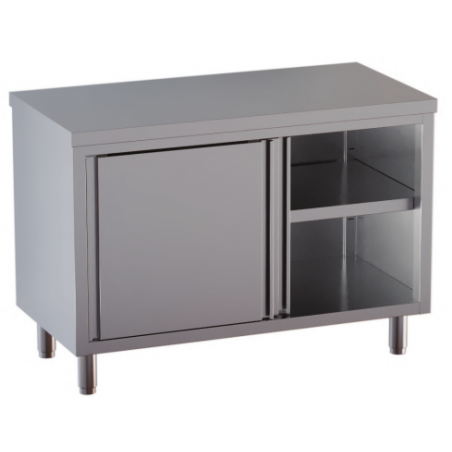 tavolo acciaio inox armadiato con porte scorrevoli misure cm. 200X60X85