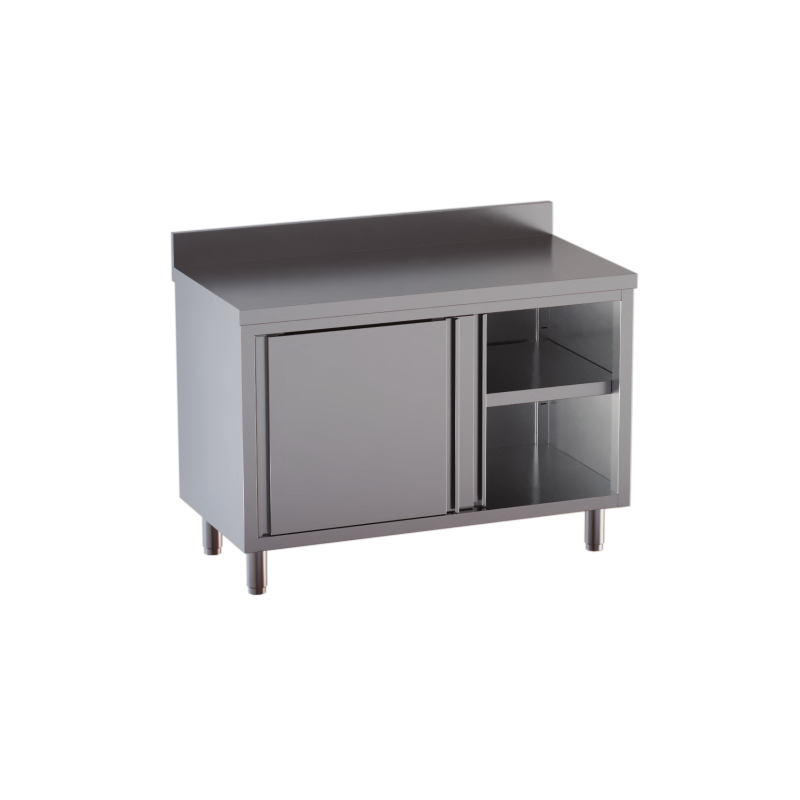 tavolo acciaio inox armadiato con porte scorrevoli e alzatina misure cm. 110x70x85