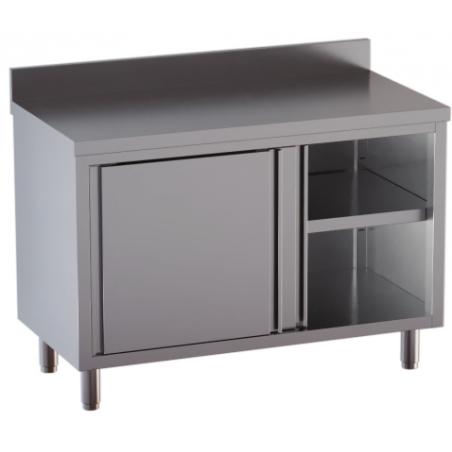 tavolo acciaio inox armadiato con porte scorrevoli e alzatina misure cm. 110x70x85