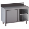 tavolo acciaio inox armadiato con porte scorrevoli e alzatina misure cm. 120x70x85