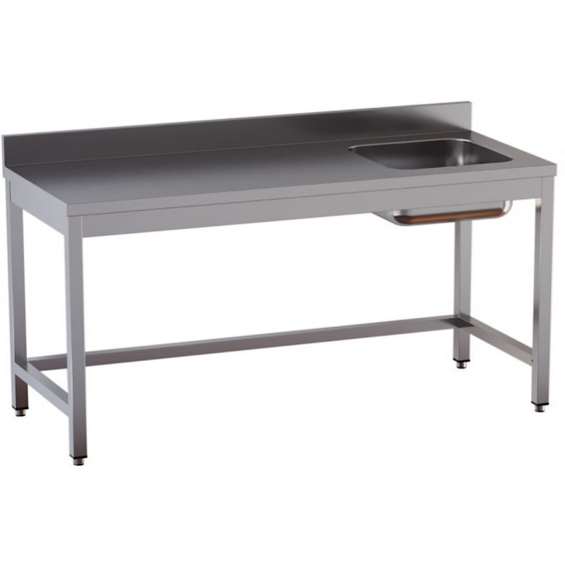 tavolo acciaio inox chef con alzatina, vasca dx e cornice inferiore misure cm. 70x70x85