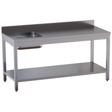 tavolo acciaio inox chef con alzatina, vasca sx e sottopiano misure cm. 100x60x85