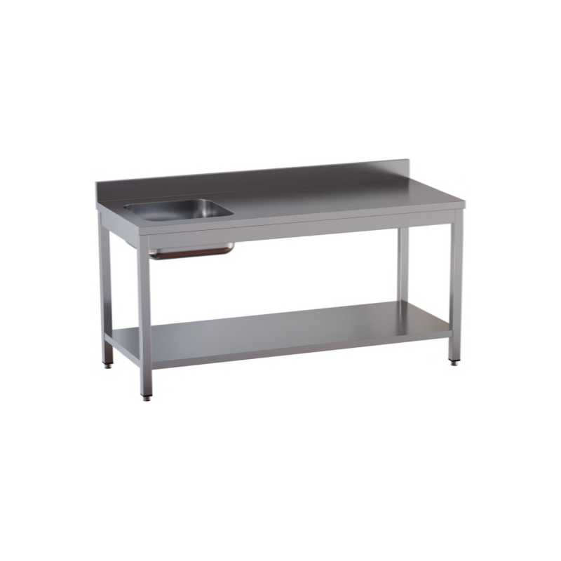 tavolo acciaio inox chef con alzatina, vasca sx e sottopiano misure cm. 70x60x85