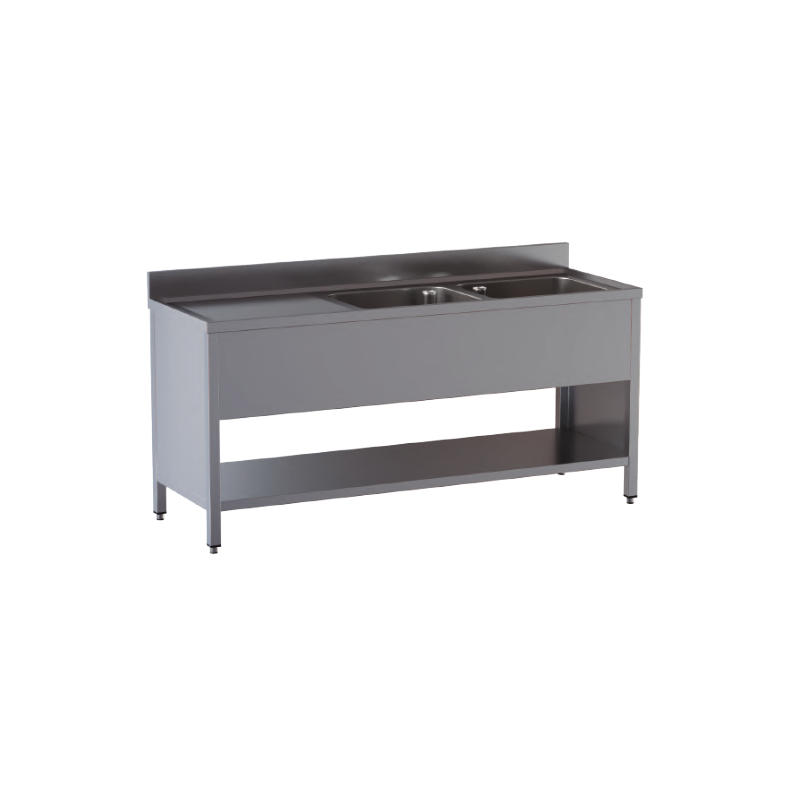 lavello acciaio inox aperto su fianchi e sottopiano 2 vasche gocciolatoio sx misure cm. 160X60X85