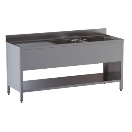 lavello acciaio inox aperto su fianchi e sottopiano 2 vasche gocciolatoio sx misure cm. 140x70x85