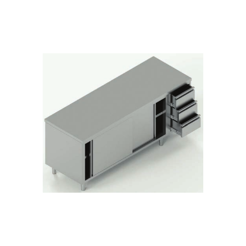 tavolo acciaio inox armadiato con porte scorrevoli e 3 cassetti dx  misure cm. 220X70X85