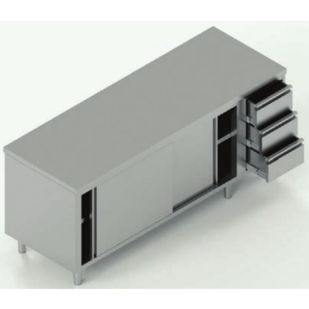 tavolo acciaio inox armadiato con porte scorrevoli e 3 cassetti dx  misure cm. 170x70x85