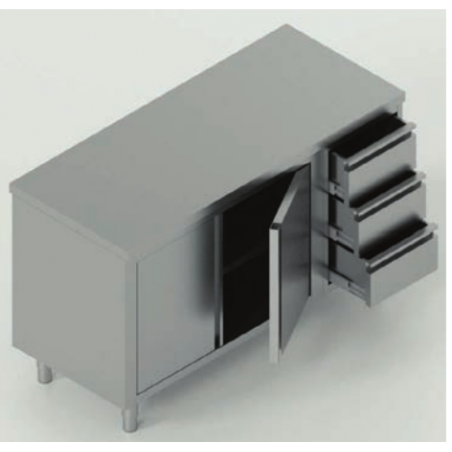 tavolo acciaio inox armadiato con porte battenti e 3 cassetti dx  misure cm. 140x70x85