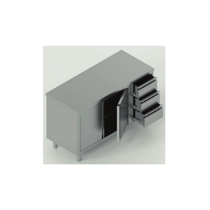 tavolo acciaio inox armadiato con porta battente (una porta battente) e 3 cassetti dx misure cm. 120x60x85 tavolo acciaio inox armadiato con porta battente (una porta battente) e 3 cassetti dx misure cm. 120x60x85