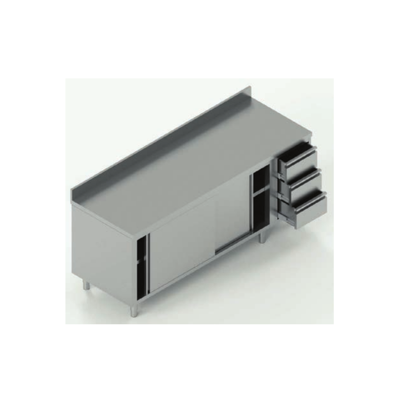 tavolo acciaio inox armadiato  con porte scorrevoli con 3 cassetti dx e alzatina misure cm. 200X60X85
