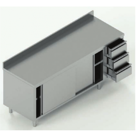 tavolo acciaio inox armadiato  con porte scorrevoli con 3 cassetti dx e alzatina misure cm. 190x60x85