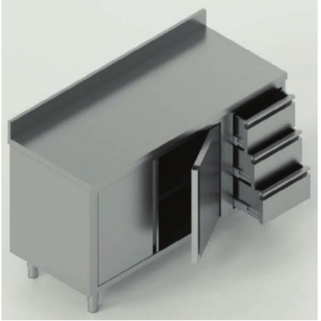 tavolo acciaio inox armadiato  con porte battenti con 3 cassetti dx e alzatina misure cm. 140x70x85
