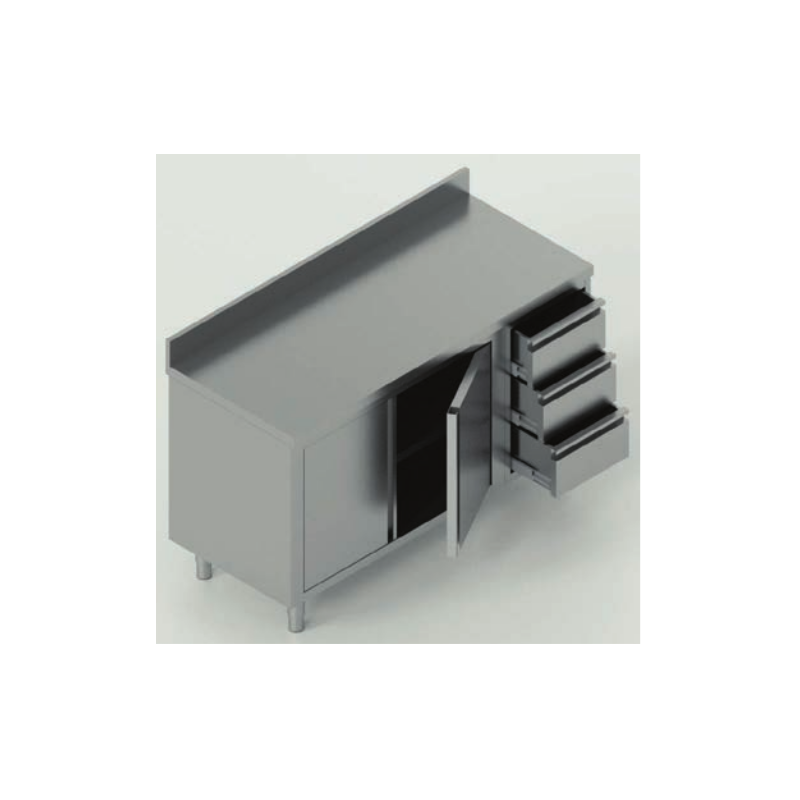 tavolo acciaio inox armadiato con porta battente (una porta battente) e 3 cassetti dx e alzatina misure cm. 100X70X85 tavolo acciaio inox armadiato con porta battente (una porta battente) e 3 cassetti dx e alzatina misure cm. 100X70X85