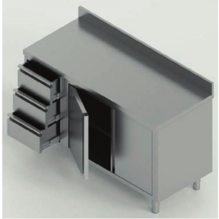tavolo acciaio inox armadiato con porta battente (una porta battente) e 3 cassetti sx e alzatina misure cm. 120X70X85