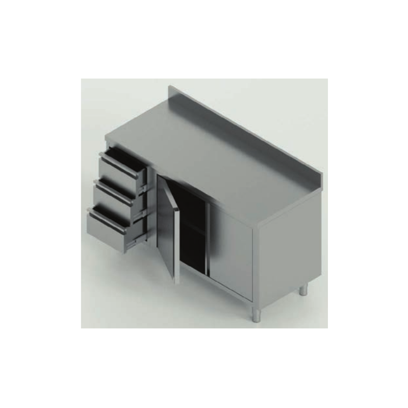 tavolo acciaio inox armadiato con porta battente (una porta battente) e 3 cassetti sx e alzatina misure cm. 100X60X85 tavolo acciaio inox armadiato con porta battente (una porta battente) e 3 cassetti sx e alzatina misure cm. 100X60X85