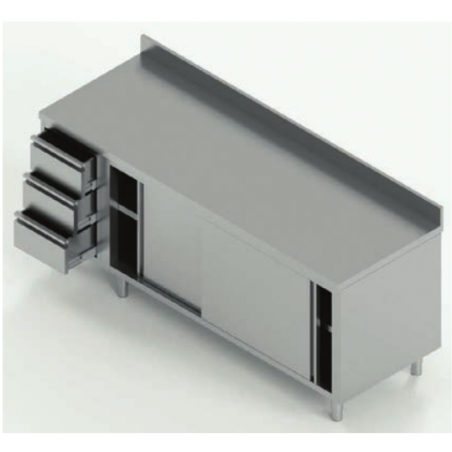 tavolo acciaio inox armadiato  con porte scorrevoli con 3 cassetti sx e alzatina misure cm. 170X70X85