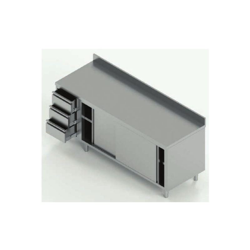 tavolo acciaio inox armadiato  con porte scorrevoli con 3 cassetti sx e alzatina misure cm. 170X60X85