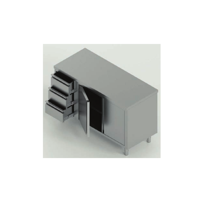 tavolo acciaio inox armadiato con porta battente (una porta battente) e 3 cassetti sx misure cm. 100X70X85 tavolo acciaio inox armadiato con porta battente (una porta battente) e 3 cassetti sx misure cm. 100X70X85