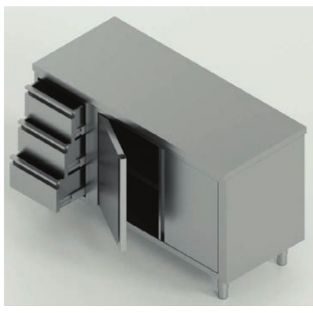 tavolo acciaio inox armadiato con porta battente (una porta battente) e 3 cassetti sx misure cm.  120X70X85
