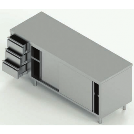 tavolo acciaio inox armadiato con porte scorrevoli e 3 cassetti sx misure cm.  230X60X85