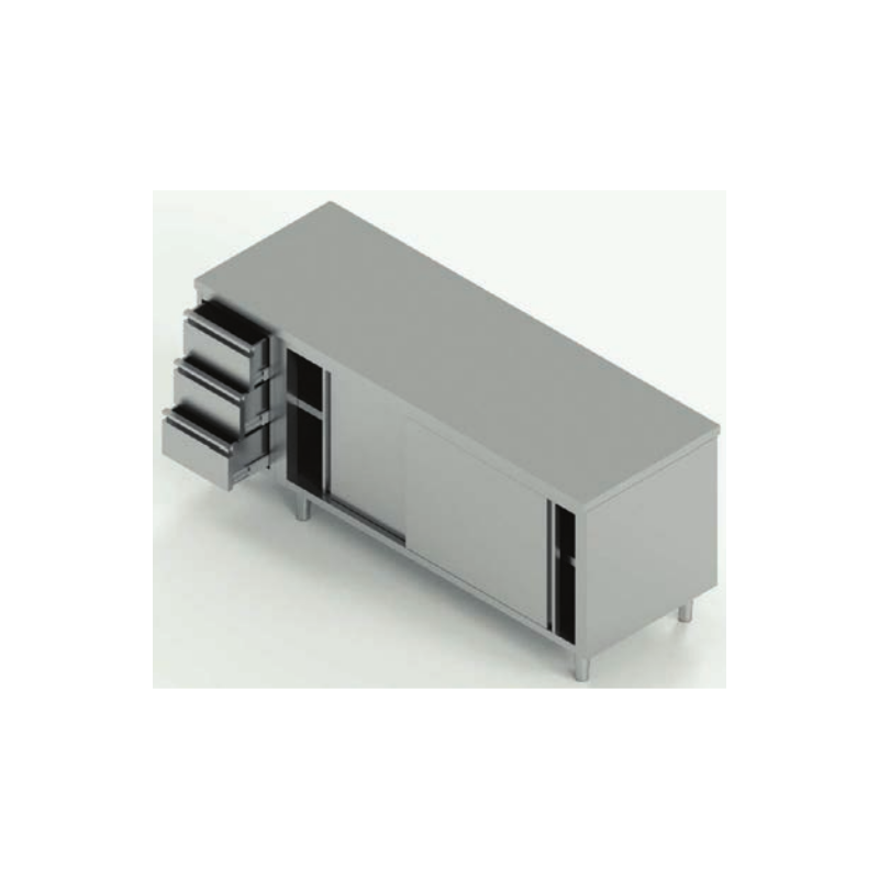tavolo acciaio inox armadiato con porte scorrevoli e 3 cassetti sx misure cm.  200X70X85