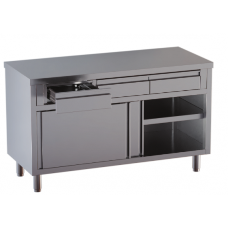 tavolo acciaio inox armadiato con porte scorrevoli e 3 cassetti superiori misure cm. 160X60X85