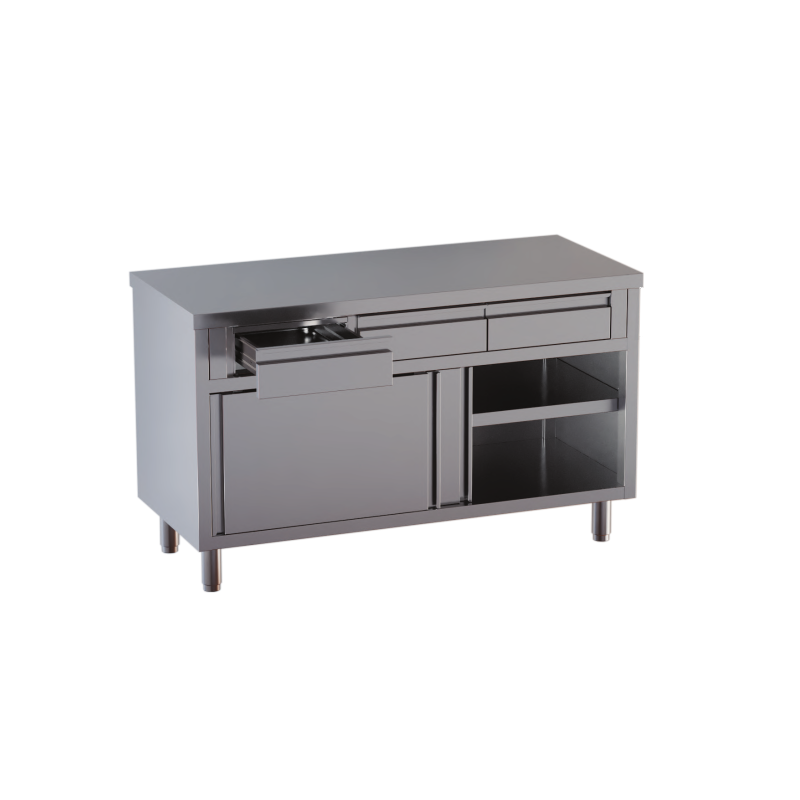 tavolo acciaio inox armadiato con porte scorrevoli e 2 cassetti superiori misure cm. 120X60X85
